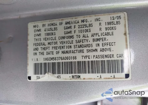2006 Honda Accord 2.4 Se z USA, uszkodzony, nr VIN 1HGCM56376A060166